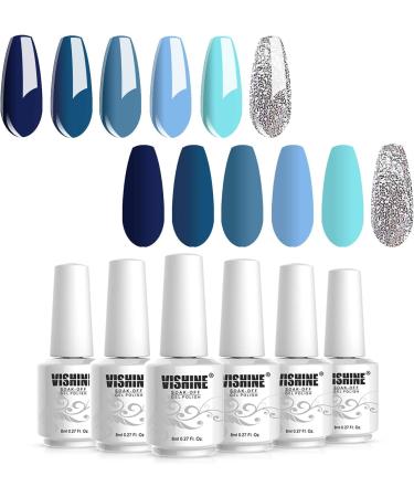 Vishine Blue Turquoise Navy Blue Gel Nail Polish Sets Glitter Gel Polish Kit Soak Off LED Required Nail Gel Polish 8ml