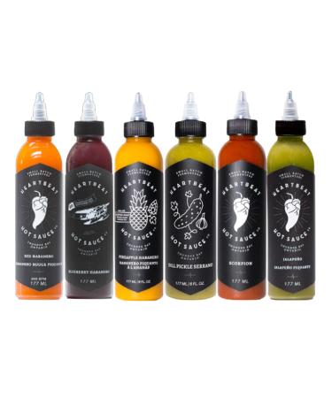 Heartbeat Hot Sauce - Ultimate 6-Pack 2.0 (1 x 177ml Red Habanero 1 x 177ml Green Jalapeno 1 x 177ml Blueberry Habanero 1 x 177ml Pineapple Habanero 1 x 177ml Scorpion 1 x 177ml Dill Pickle Serrano)