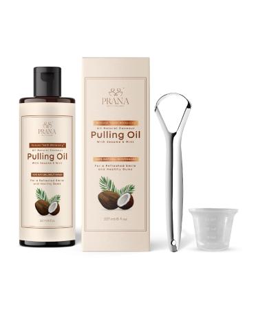 PRANA Coconut Pulling Oil Mouthwash with Tongue Scraper- Ayurvedic Oil for Clean Rinse with Coconut Oil and Clove improving Teeth and Gum Health- Keeps Your Mouth Refreshed with Oil Pulling (237 ml)