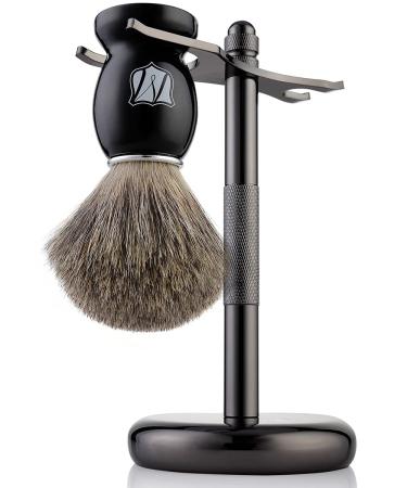 Miusco Natural Badger Hair Shaving Brush and Shaving Stand Set, Dark Chrome, Black, Compatible with Safety Razor, Cartridge Razor and Disposable Razor
