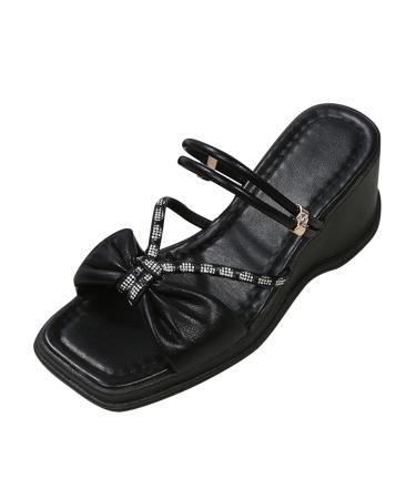 XTZ YGLD wedge sandals women's fashion spring and summer sandals women thick underside rhinestone vaulted wedge heel open toes beach shoes black 6.5 uk