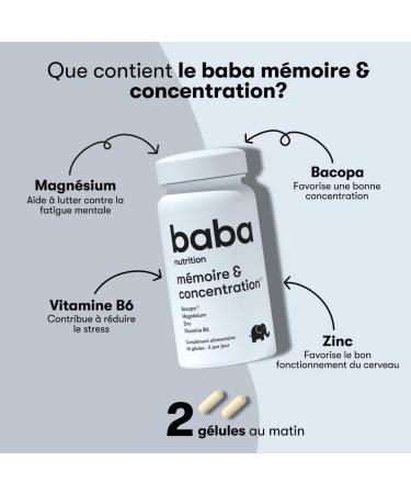 Baba Nutrition Memory and Concentration Dietary Supplement | Plant Vitamins and Minerals Complex for a Beautiful Skin Appearance | Bacopa Magnesium Zinc Vitamin B6 | 60 Capsules - Buy Online on GoSupps.com