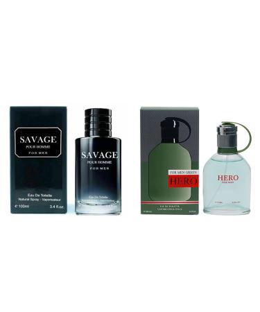 Savage Pour Home & Hero Green Cologne for Men Eau De Toilette Natural Spray (Inspired by Sauvage & hugoo Booss) 3.4oz Fl Oz/100ml each - Buy Online on GoSupps.com