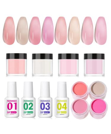 Nail Dipping Powder Kit - 4 Colors Dip Powder Nail Kit - Jelly Pink Dip Powder Nail Set with Base Top Coat Activator Nail Art System - No UV/LED Needed for Beginners