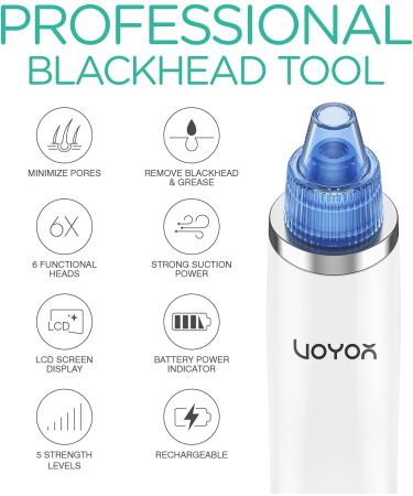 VOYOR Blackhead Remover Pore Vacuum - Electric Face Cleaner with 6 Suction Heads and 5 Levels - for Men and Women - Buy Online on GoSupps.com