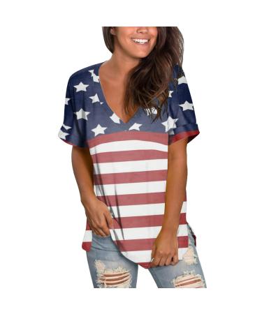 Loose Shirts for Women Trendy Women 4th of July Shirt Short Sleeve Stars Stripes Patriotic Tees Side Split Casual Summer Loose Fit Tee Tops(C- Blue,XX-Large)