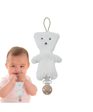 Baby pacifier clip clips for pacifier |Pacifier holder made of plush with a pretty bear - soothing pacifier clip for most baby pacifiers bite ring clip for most baby pacifiers white