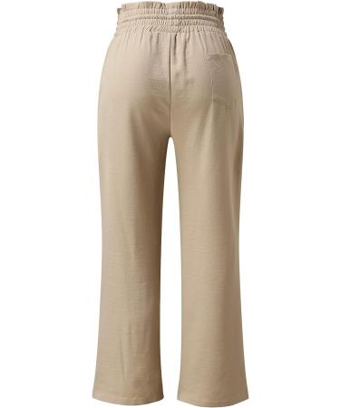Gufesf Women's Cotton Linen Palazzo Pants with Pockets - Dressy Wide Leg Trousers in Summer Khaki (Medium) - Buy Online on GoSupps.com