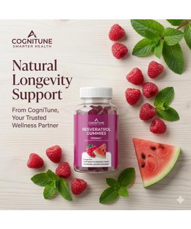 CogniTune Resveratrol Gummies 1500mg - Sugar Free Longevity Gummies for Women & Men - Antioxidant Supplement for Heart Brain Immune Support - Buy Online on GoSupps.com