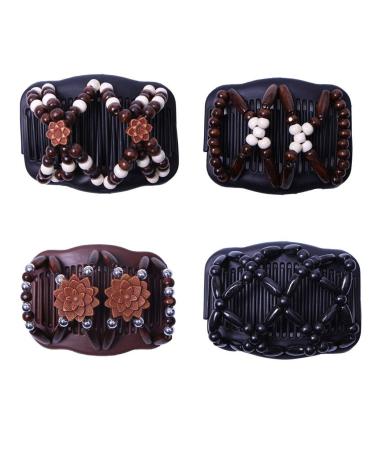 Lovef Thick Hair Clip Magic Wood Beads Double Hair Comb Clip Stretch Combs for Hair Fashion Design Multi Butterfly Bun Maker for Popular Hairstyles Style 4pcs