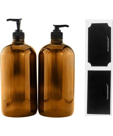 2-Pack 32oz Amber Glass Lotion Pump Bottles with Locking Pump Dispensers - Quart Size Brown Bottles, Chalk Labels Included - Buy Online on GoSupps.com