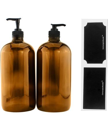 32-Ounce Amber Glass Lotion Pump Bottles (2-Pack) Quart Size Brown Bottles w/Black Plastic Locking Pump Dispensers Includes Chalk Labels