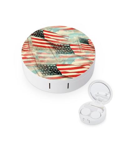Bagea-Ka Vintage USA American Flag Print Pattern Contact Lens Case Box Eye Care Kit Holder Mirror Box with Tweezers Remover Tool Solution Bottle for Outdoor Travel & Home