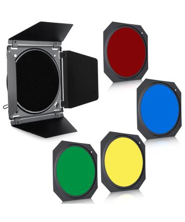 NEEWER Metal Barn Door & Honeycomb Grid & 4 Color Gel Filters Set for 7 Standard Reflector Bowens Mount, Compatible with NEEWER RGB CB60/CB60/CB100/CB150/CB200B and Other Studio Flash Light