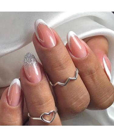 Mouyouglow press on nails short almond nude pink white French silver glitter fake nails artificial nails with nail glue almond white tips artificial fingernails nails y18