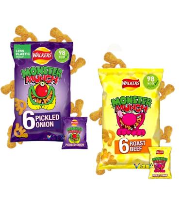 Walkers Monster Munch Pickled Onion & Roast Beef Chips Bags - Crunchy Snacks (36 x mixed mini bags)
