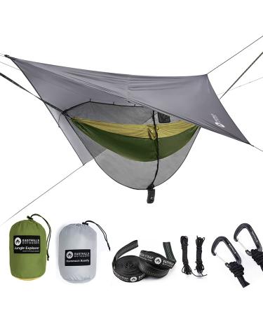 Easthills Outdoors Jungle Explorer 118" x 79" Double Camping Hammock with Separated Mosquito Bug Net and Waterproof Rainfly 2 Person Portable Ripstop Parachute Nylon Hammocks Khaki 704 Khaki