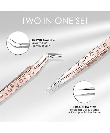 LANKIZ Stainless Steel Eyelash Extension Tweezers Set - Straight and Curved Volume Lash Tweezers for Professional Application - Rose Gold, 9 Holes - 2 Piece Set - Buy Online on GoSupps.com