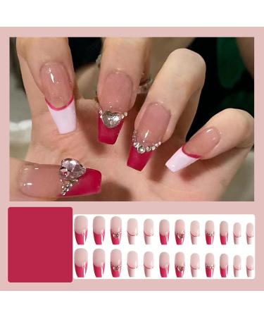 JUSTOTRY 24 Pcs Hot Pink Diamante French Press on Fake Nails - Beautiful Ballerina Stick on Nails for Women - Acrylic Coffin False Nails with Glue for Nail Art - Buy Online on GoSupps.com