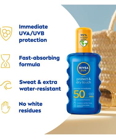 NIVEA SUN Protect & Dry Touch Invisible Sun Spray SPF 50 (200 ml) Water-Resistant Sun Cream Immediate Protection against UVA & UVB Rays Transparent/No White Marks - Buy Online on GoSupps.com