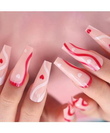 Glossy Pink Ballerina False Nails - Long Coffin Press-On Full Cover Artificials with Swirl Heart Design - 24PC for Women & Daily Decoration - Buy Online on GoSupps.com