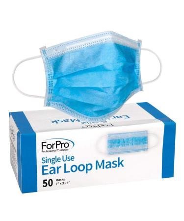 ForPro Single Use Ear Loop Mask, 3-Ply Disposable Non-Woven Face Mask, Latex-Free, Hypoallergenic, Fiberglass-Free, Protects Against Pollen, Dust, 50-Count