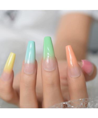 Rainbow Ombre Coffin Fake Nails Set - Glossy Nude Ballet Acrylic False Nail Tips for Women - Buy Online on GoSupps.com