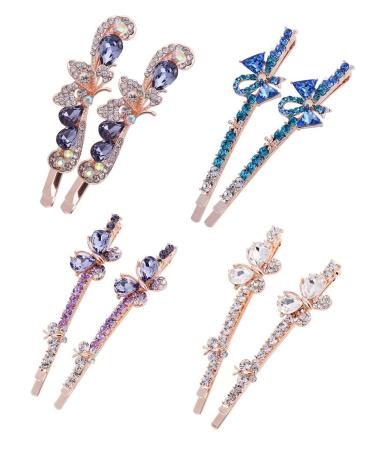 8 Pieces/4 Pairs Colorful Rhinestone Hair Pins 2.36 Side Clips Blue Decorative Bobby Pins Purple Hair Clip Wedding Flower Butterfly Hair Barrettes Hair Accessories for Women Girls