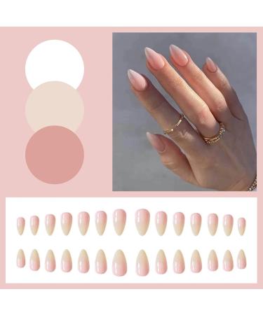 Gradient Stiletto Almond False Nails - 24Pcs Nude Pink Press on Nails with Nail Glue for Women - Buy Online on GoSupps.com