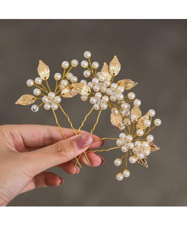 Heread Pearl Bride Wedding Hair Pins Leaf Bridal Head Piece Flower Hair Accessories for Women and Girls (Pack of 3) (Gold) Free Size