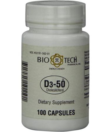 Bio-Tech Pharmacal D3-50 50 000 IU 100 Capsules All-Natural Supplement Supports Bone Cardiovascular Neuromuscular & Immune Health No Dairy Fish Gluten Peanut Shellfish & Soy Standard Packaging - Buy Online on GoSupps.com