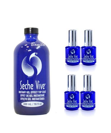 Seche Vive Professional Kit, Instant Gel Effect Top Coat for Nail Polish, 16 oz & 4 Packs of 0.5 oz Refill 16 Ounce & 4 Packs of 0.5 Ounce Refill