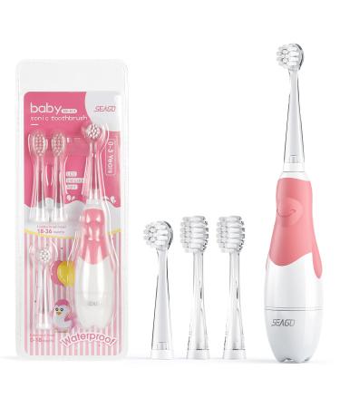 Seago Baby Electric Toothbrush Children's Power Toothbrushes with 4 Dupont Brush Heads and Led Light 2-Min Timer for Children Aged 6 Months to 4 Years Penguin Shape Design(Pink)
