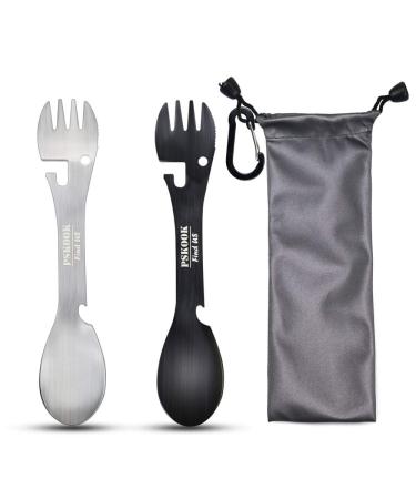 PSKOOK 5-in-1 Utility Tactical Spork, 2-Pack Stainless Steel Spoon & Bottle Opener, Fork & Knife, Can Opener Combo Camping Utensil for Hiking, Camping or Backpacking (Black & Matte Silver) black+silver