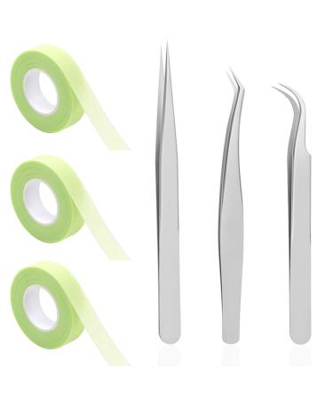 3 Rolls Eyelash Extension Tape with Tweezers  SourceTon Micropore Fabric Tape Roll 0.5 Inch 10 Yards (Green) with 3 PCS Straight Pointed and Curved Tweezers ( Silver )