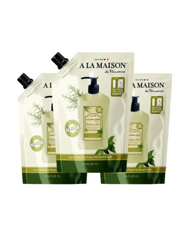 A LA MAISON French Liquid Hand Soap RefilL - Natural Hand Wash Made with Essential Oils - Biodegradable Plant-Based Vegan Cruelty-Free (33.8 Fl Oz Pouch 3 Pack Rosemary Mint)