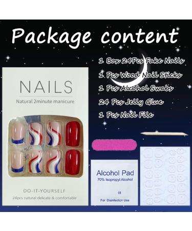 4th of July Patriotic French Tip Fake Nails - Red, Blue, White Swirl Design | 24Pcs Full Cover Coffin Nail Tips for Women - Buy Online on GoSupps.com