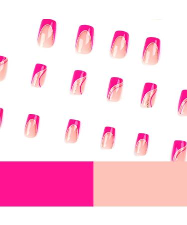 French Tip Press on Nails - Short Square Press On Nails with Nail Tips Rose red paired with White Lines and Golden glitter Pink press on nails Acrylic False Nails Cute Artificial Nails - Buy Online on GoSupps.com