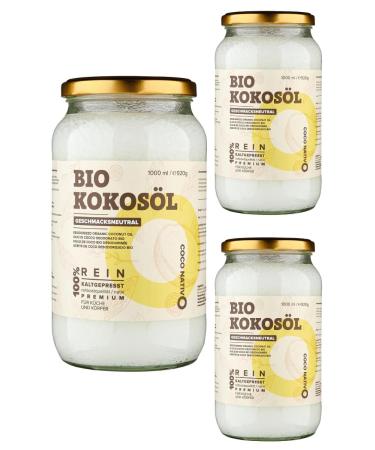 Coconut oil organic Coconativo tasteless (desodorated) - Coconut Oil 3x1000ml (3x1l) - organic coconut fat coconut oil native cold -pressed raw food quality - for cooking and baking for hair and skin tasteless 1 l (3 Pack)