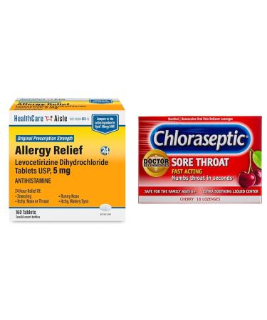 HealthCareAisle Allergy Relief - Levocetirizine Dihydrochloride Tablets USP 5 mg 160 Tablets (Pack of 2) + Chloraseptic Sore Throat Lozenges Cherry 18 Count