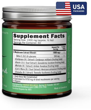 Eversio Wellness 5 Mushroom Blend - 60 Servings (60g) Mushroom Powder Blend for Mushroom Coffee or Smoothies - Cordyceps Reishi Maitake Lion's Mane Tremella - 35% Beta-D-Glucans! - Buy Online on GoSupps.com
