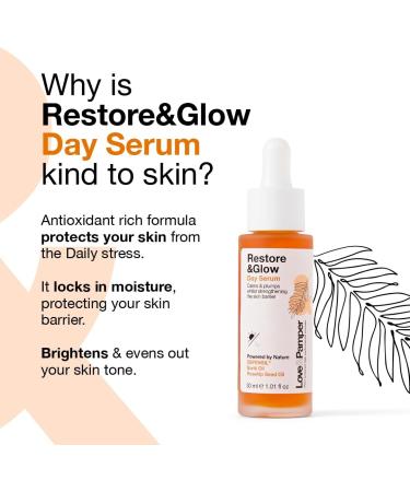 Love & Pamper RESTORE & GLOW - Plant Powered Hydrating Day Serum Vitamin C Q10 Buriti & Rose-hip Oil. Brightens Strengthens Reduces Fine Lines Restores Skins Natural Glow Moisturising & Nourishing Face Serum_For Day_Care - Buy Online on GoSupps.com