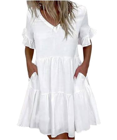 Flowy Ruffle White Mini Dress - Solid V-Neck A-Line Dress for Women | XX-Large - Buy Online on GoSupps.com
