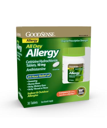 GoodSense Allergy Relief - Cetirizine Hydrochloride 10 mg Tablets - 24-Hour Antihistamine for Indoor & Outdoor Allergies 30 Count 30 Count (Pack of 1) Cetirizine Hydrochloride Tablet