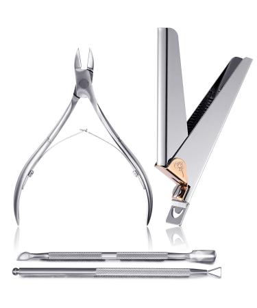 4 Pieces Cuticle Trimmer Nail Nipper for Acrylic Includes Cuticle Trimmer Nail Nipper, False Nail Clipper, Stainless Steel Cuticle Pusher Cuticle Peeler for Ingrown Toenails Nail Care (Silver)