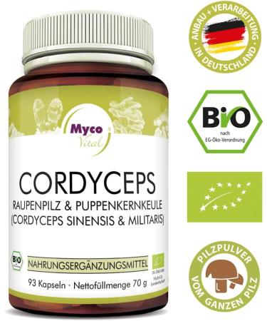 Mycovital Bio Cordyceps Mushroom Powder Capsules | 93 Pieces | 750 mg | 100% Organic & Vegan | Pure Chinese Caterpillar Mushroom Supplement - Buy Online on GoSupps.com