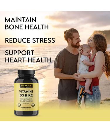 Warrior Strong Wellness Vitamin D3 and K2 Supplement - 5000IU Vitamin D3 and 180MCG Vitamin K2 Supplement - Immune, Heart Health - 2 Month-Supply, 60 Veggie Capsules - Buy Online on GoSupps.com