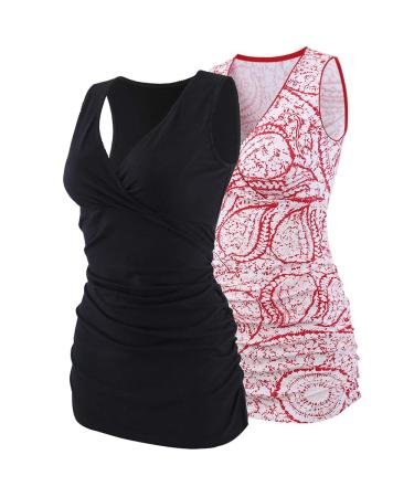 MANCI Women's Nursing Maternity Top Cotton V Neck Ruched Waist Maternity Pajama Tops M Red Pattern+black