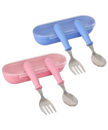 Colexy Toddler Cutlery Set Baby Fork and Spoon Stainless Steel Toddler Utensils Spoon Fork Tableware Set with Storage Box for Kids Self Feeding (Pink+Blue)