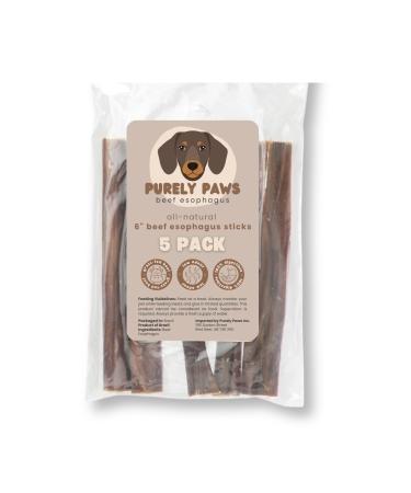 Purely Paws All-Natural Beef Esophagus Sticks - Safe Fully Digestible High-Reward Dog Chew Sticks - Rawhide Free - (6" 5 Count) 6" (5 Pack)